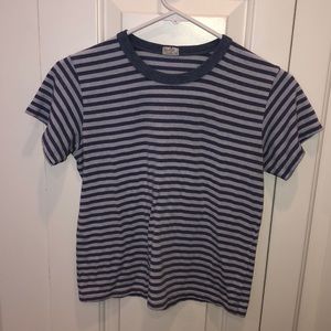 A blue and white stripped short sleeve T-shirt